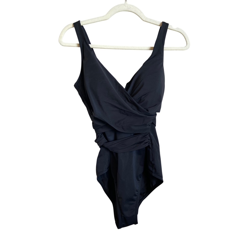 Lands End Womens Black Surplice Wrap Ruched One Piece Swimsuit Size 8